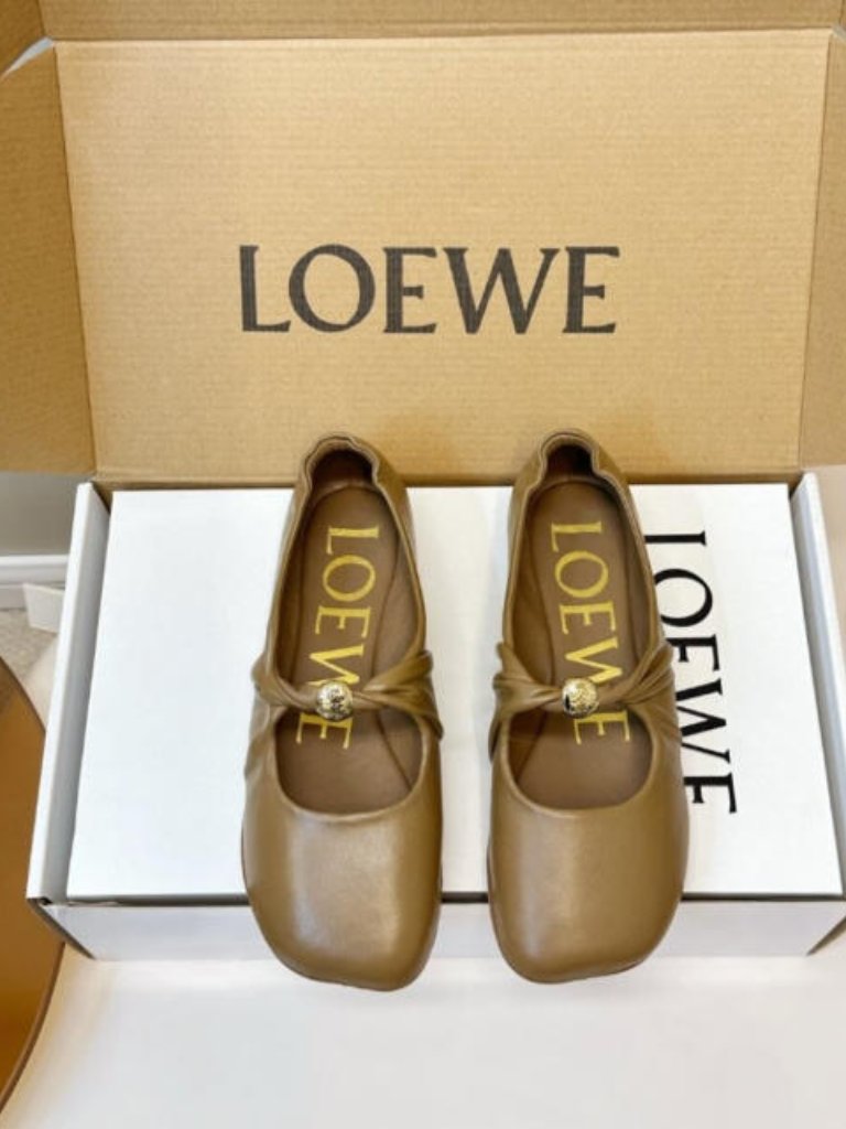 Loewe Tan Leather Mary Jane Flats With Gold Button
